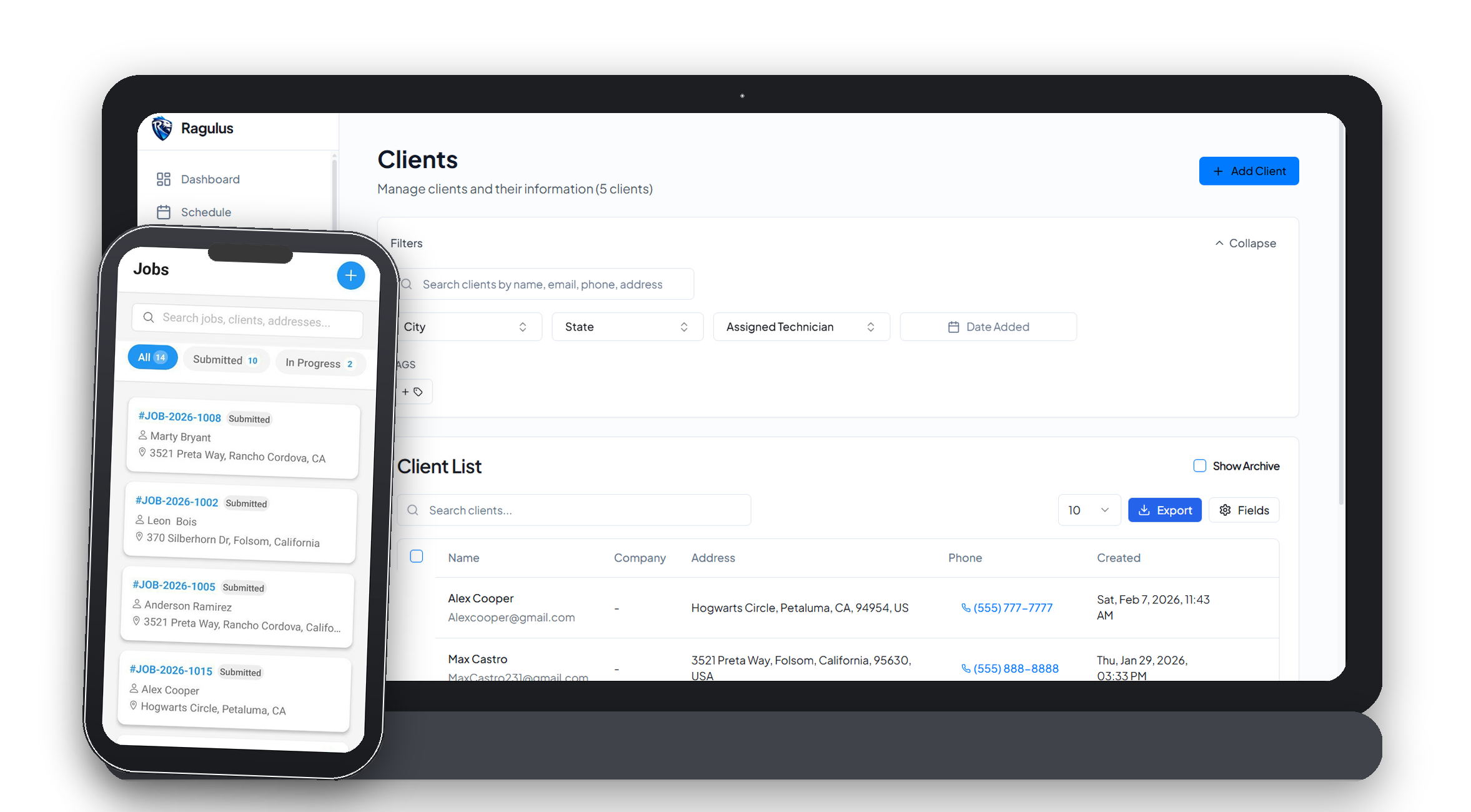 Ragulus app on desktop and mobile - Clients and Jobs management