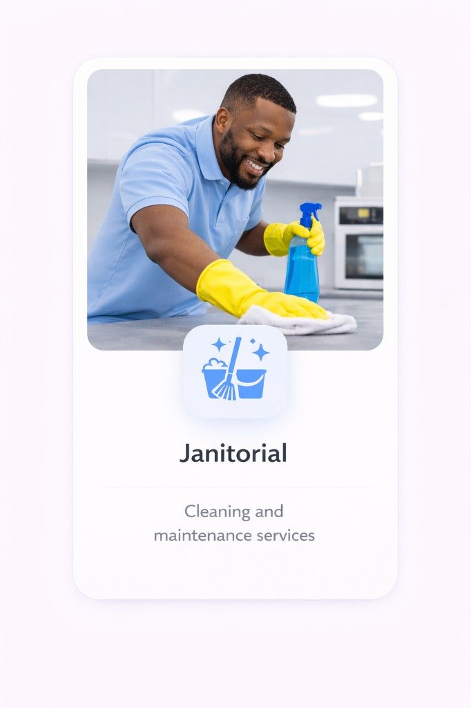 Janitorial staff cleaning an office hallway at night